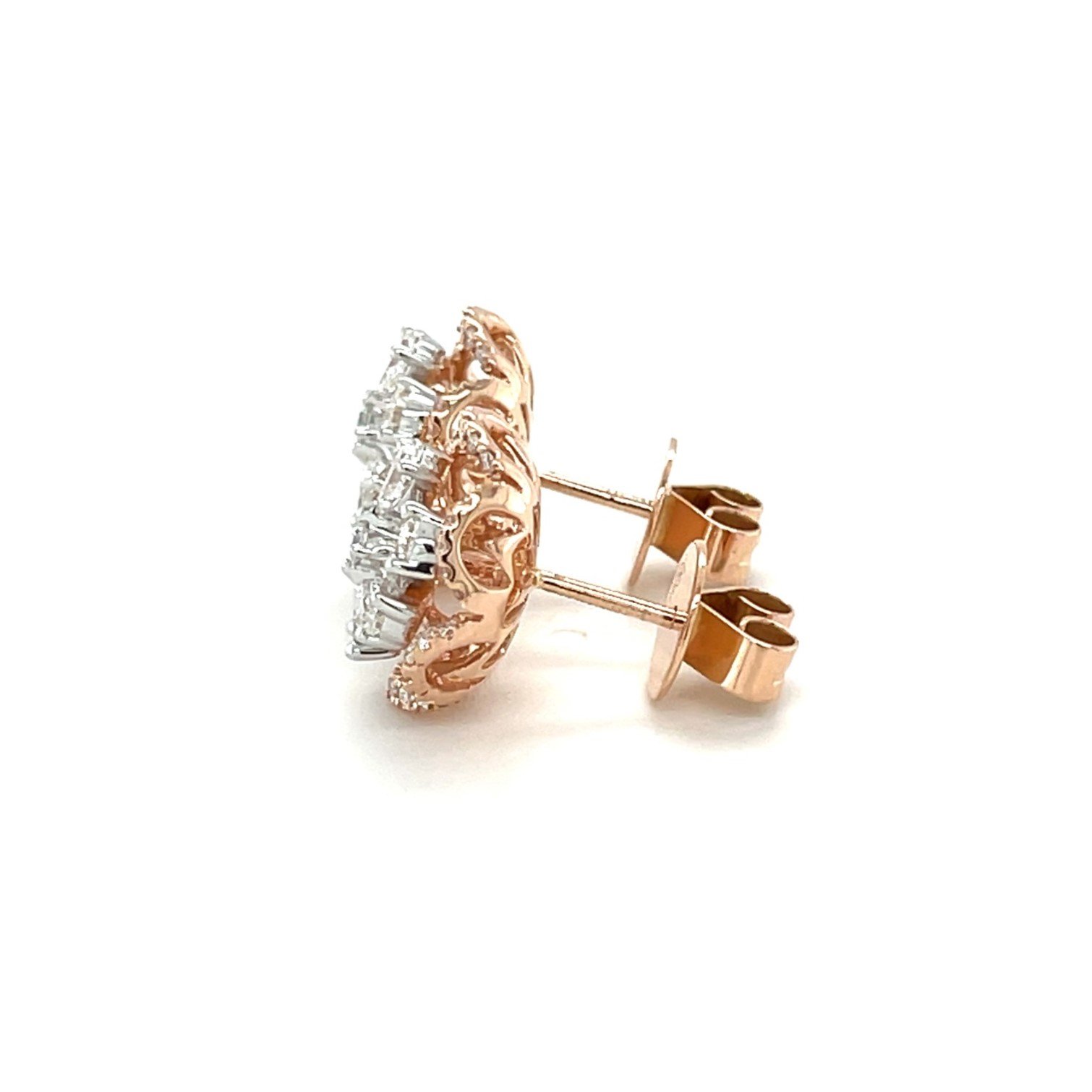 Elegant 18k Rose Gold Floral Diamond Stud Earrings